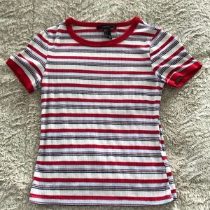 Red, white, blue striped fitted t-shirt.